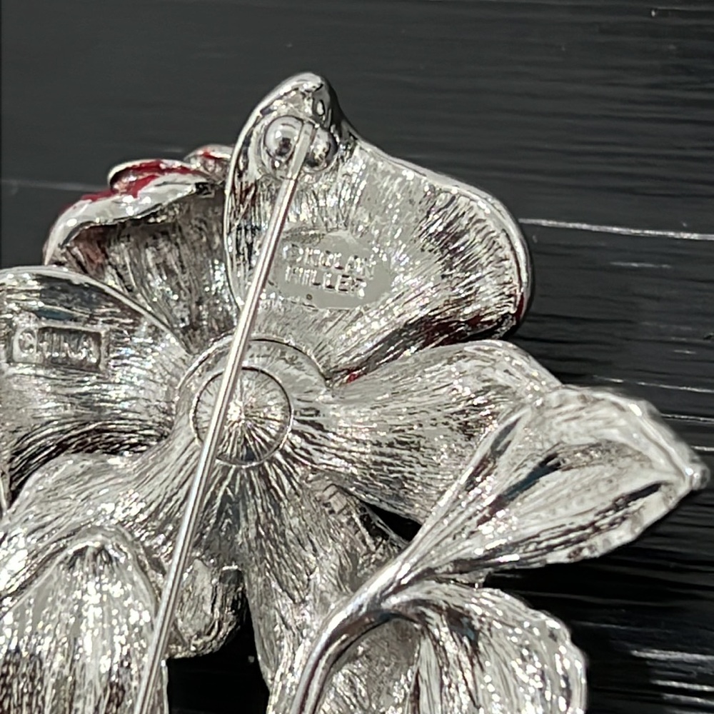 Nolan Miller Red Enamel and stone Silver Tone Brooch - Picture 2 of 4